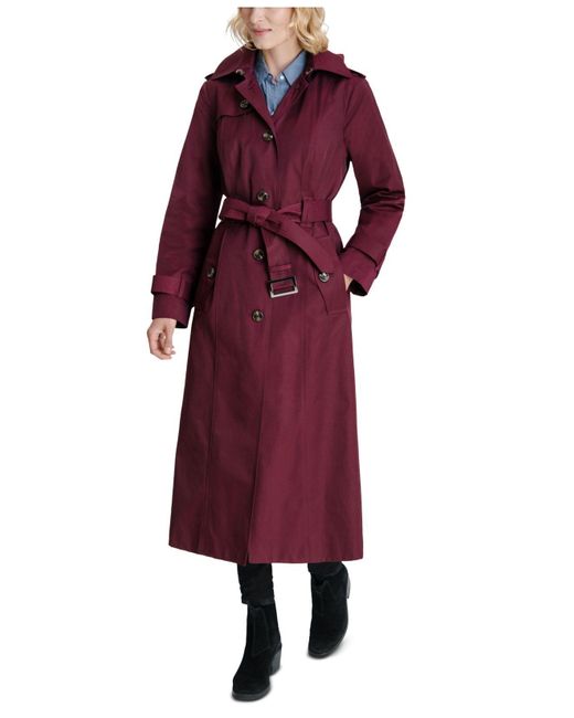 London Fog Cotton Hooded Maxi Trench Coat in Burgundy (Red) Lyst