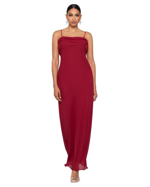 Betsy & Adam Red Draped-back Spaghetti-strap Gown