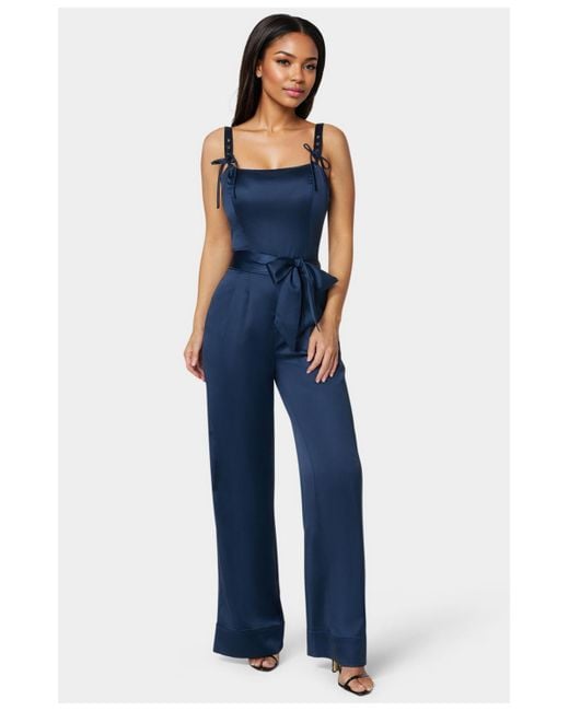 Bebe Blue Luxe Satin Ultra Wide Leg Jumpsuit