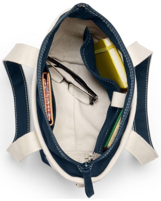 Lands' End Blue Small 3 Pocket Zip Top Long Handle Canvas Tote Bag