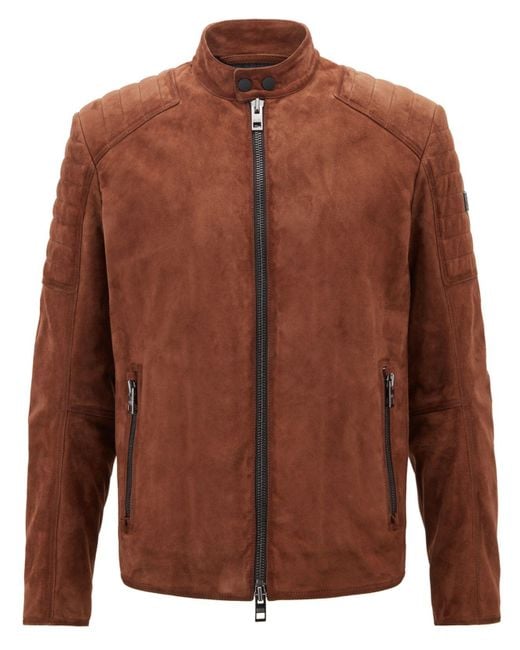 BOSS by Hugo Boss Brown Slim-fit Suede Leather Biker Jacket for men