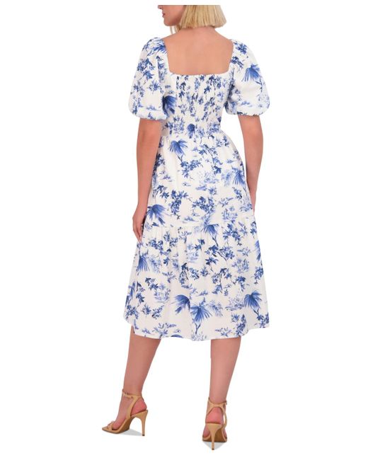 Vince Camuto Blue Floral Puff-sleeve Midi Dress