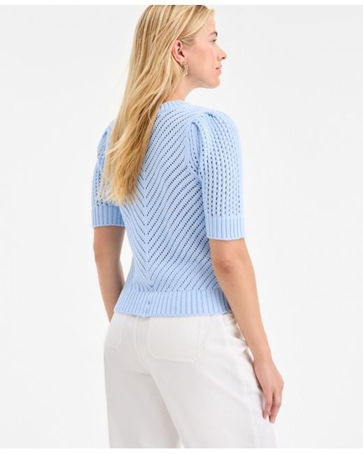 On 34th Blue Diagonal-knit Puff-sleeve Sweater