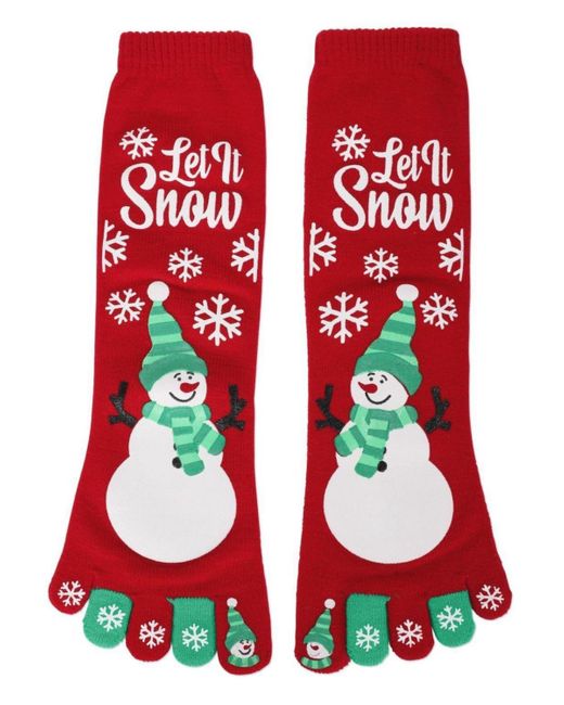 Memoi Red Festive Let It Snow Non-skid Toe Socks