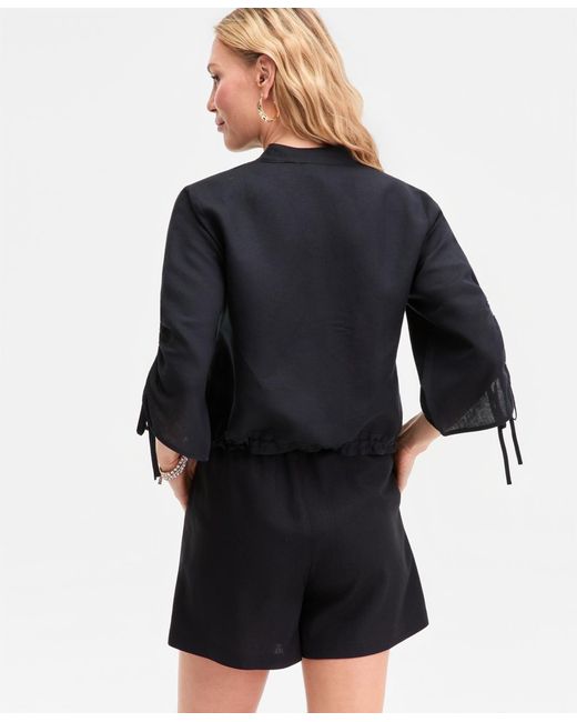 INC International Concepts Black Tie-sleeve Chambray Tie-waist Blouse