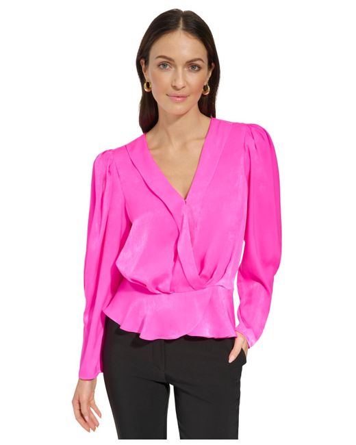 DKNY Pink Surplice V-neck Shirred Shoulder Peplum Top