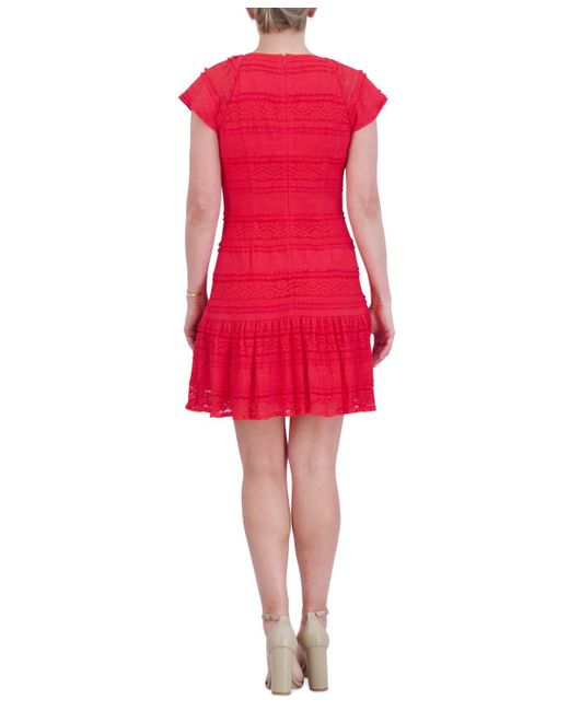Jessica Howard Red Petite Round-neck Short-sleeve Lace Dress