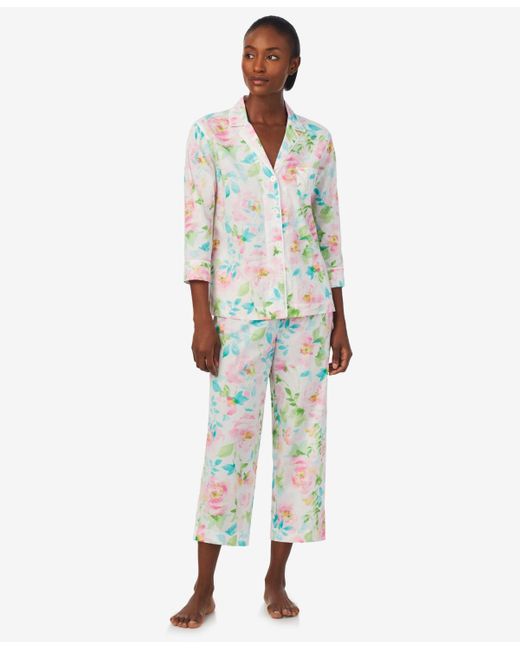 Lauren by Ralph Lauren Green 2-pc 3/4 Sleeve Notch Collar Top And Capri Pants Pajama Set