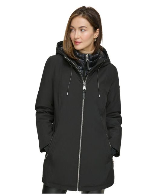 DKNY Black Hooded Bibbed Zip-front Puffer Coat