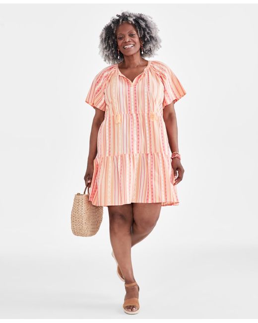 Style & Co. Pink Plus Size Printed Split-neck Flutter-sleeve Swing Dress