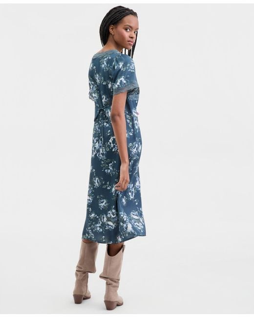 Lucky Brand Blue Lace Trim Floral Midi Dress