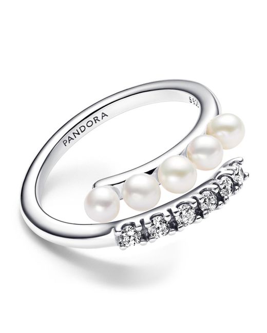Pandora White Sterling Timeless Treated Freshwater Cultured Pearls Pave Open Ring