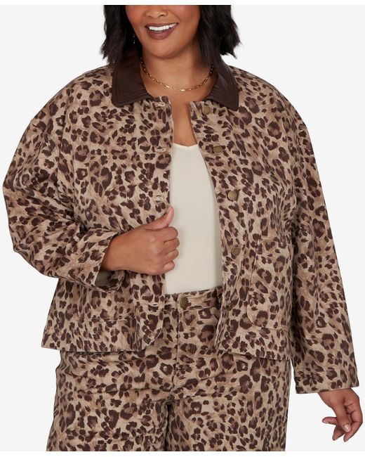 Ruby Rd Brown Plus Size Cheetah Print Denim Jacket