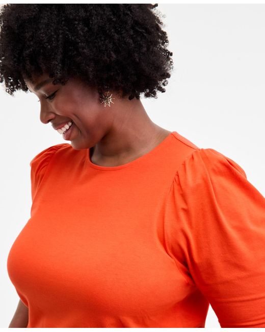 On 34th Orange Trendy Plus Ruched Puff-sleeve Crewneck Top