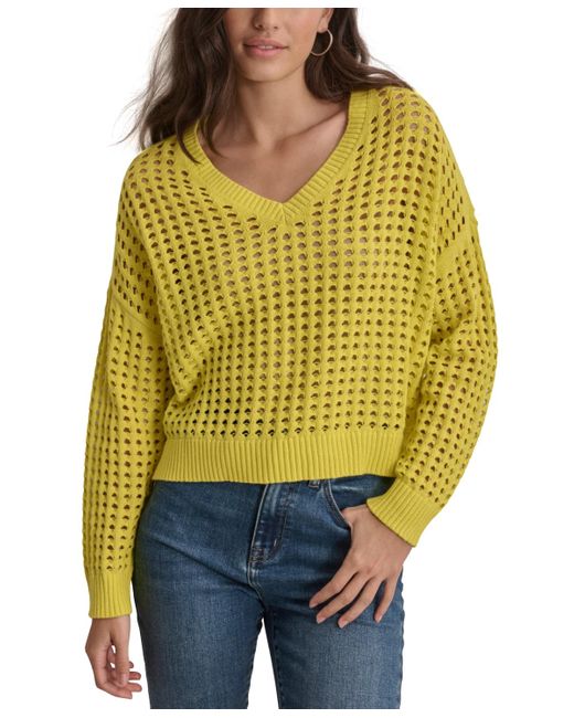 DKNY Yellow V-neck Open-stitch Cotton Sweater