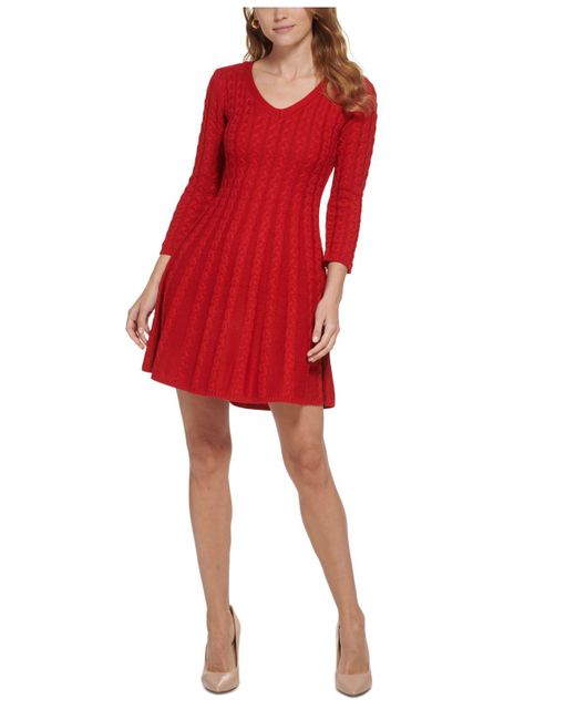 Jessica Howard Synthetic Petite Vneck Cableknit Sweater Dress in Red