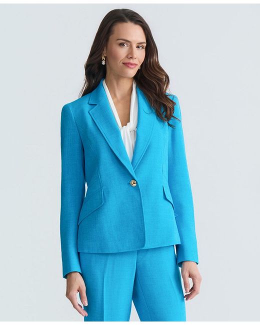 Kasper Blue Textured Notched-collar One-button Blazer