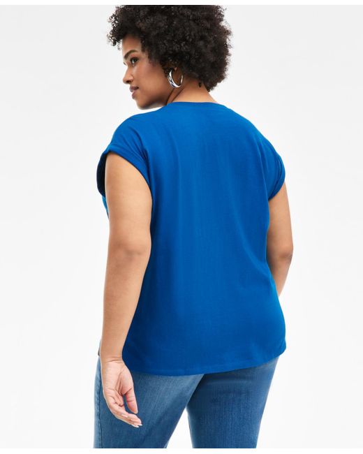 INC International Concepts Blue Plus Size Rhinestone Rolled-sleeve Top