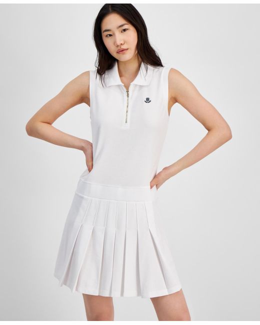 Tommy Hilfiger White Collared Pleated Sleeveless A-line Dress