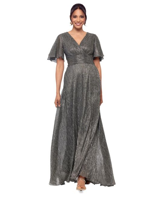 Betsy & Adam Brown V-neck Flutter-sleeve Metallic Dress