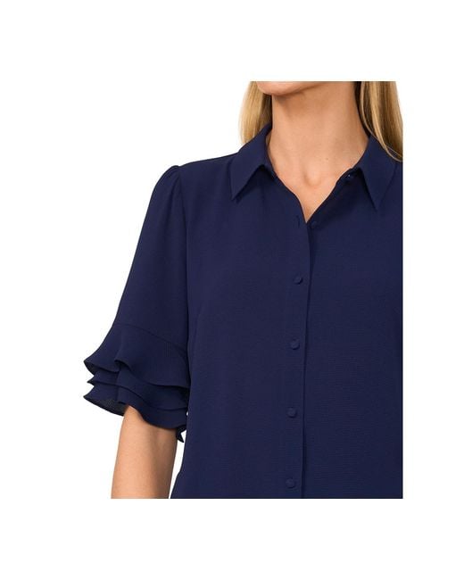 Cece Blue Button-front Ruffled 3/4-sleeve Blouse
