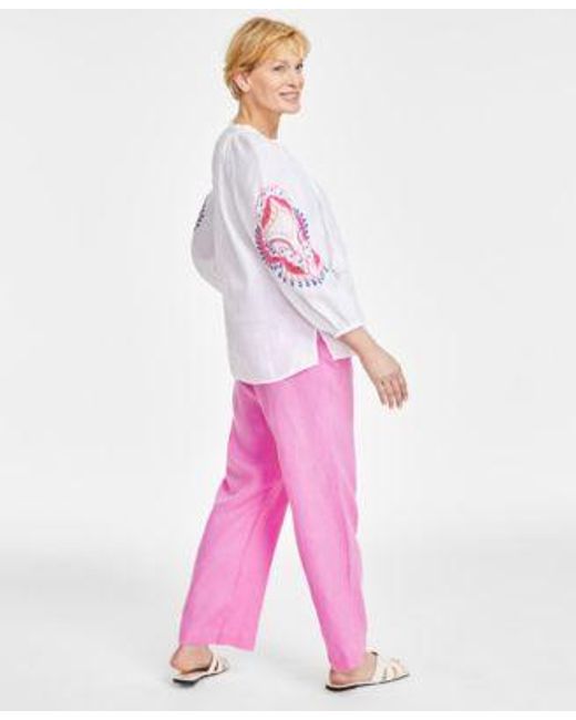 Charter Club Pink Embroidered Peasant Top Linen Pants Created For Macys