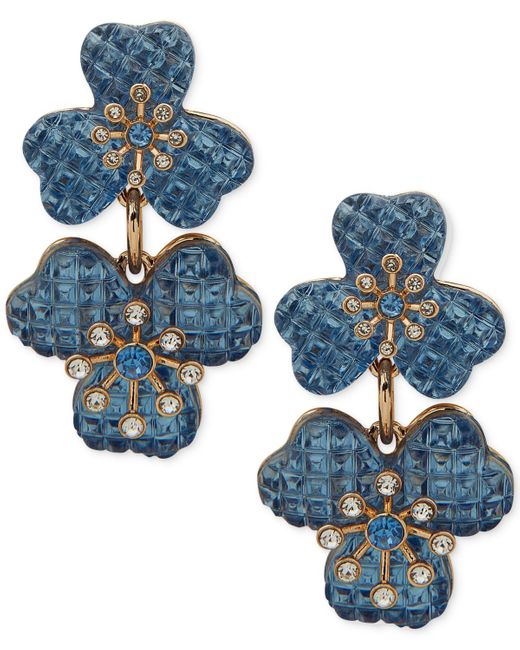 Anne Klein Blue Gold-tone Color Crystal Flower Double Drop Earrings