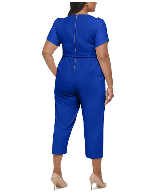 Calvin Klein Blue Plus Size Tulip-sleeve Belted Jumpsuit