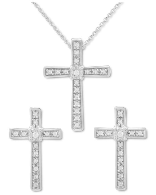 Macy's White 2-pc. Set Diamond Cross Pendant Necklace & Matching Stud Earrings (1/6 Ct. T.w.
