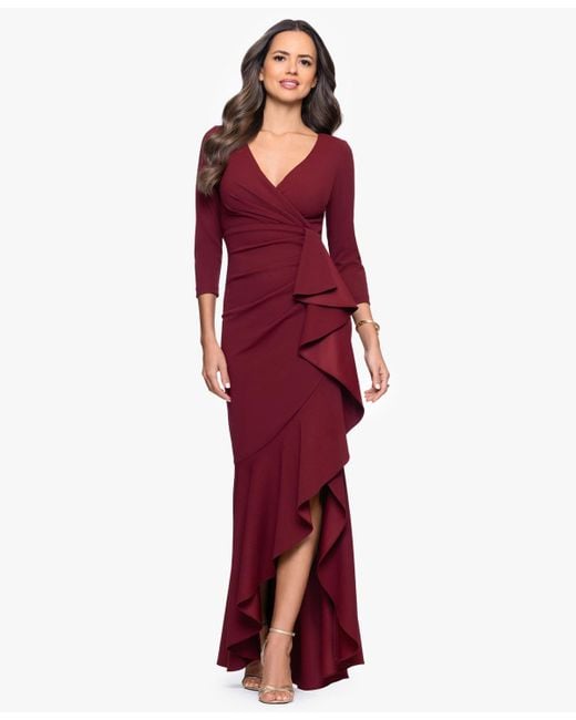 Betsy & Adam Red Long Cascading Ruffle Gown