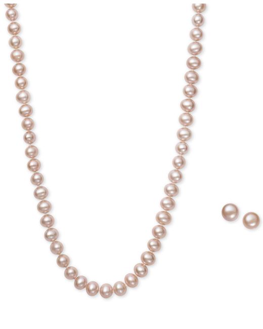 Macy's Metallic Pink Cultured Freshwater Pearl (6mm) Necklace And Matching Stud (7-1/2mm) Earrings Set