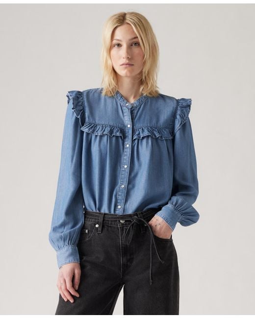 Levi's Blue Gianna Long Sleeve Ruffle Trim Blouse