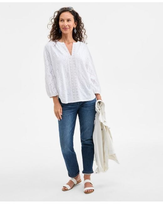 Style & Co. White Split-neck Eyelet-embroidered Top