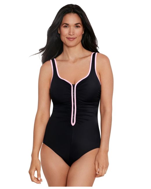 Shapesolver Sport By Mimi Flamingo Black Shape Solver Sport By Mimi Flamingo Color-coated Shirred One-piece Zip-up Swimsuit
