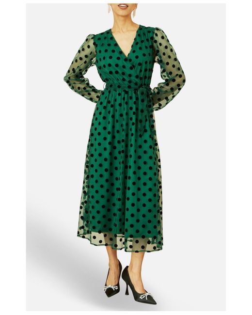 Yumi' Green Spot Mesh Wrap Midi Skater Dress
