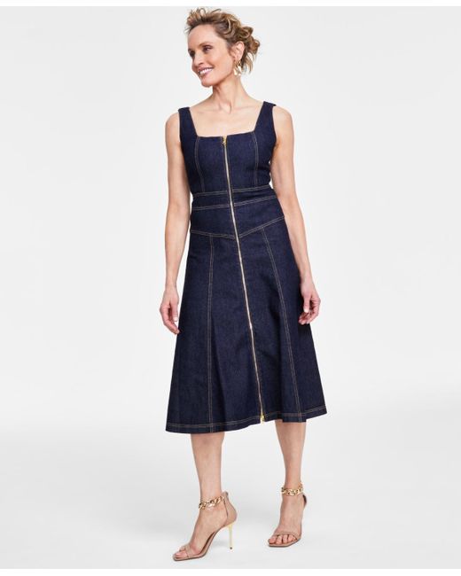 INC International Concepts Blue Cotton Zip-front Denim Dress