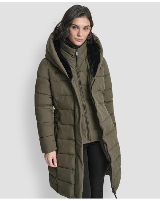 DKNY Green Belted Asymmetrical Zip Front Puffer Coat