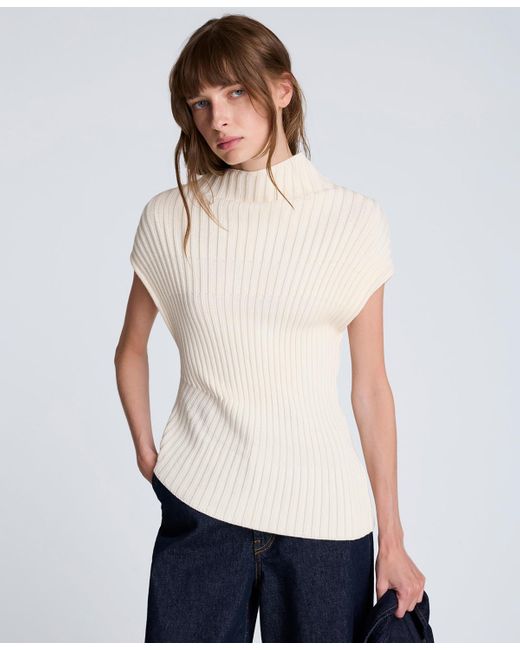 Kenneth Cole White Asymmetric Rib Mock Neck Sweater