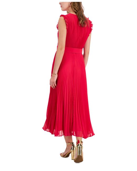 Taylor Red Belted Pleated Chiffon Midi Dress