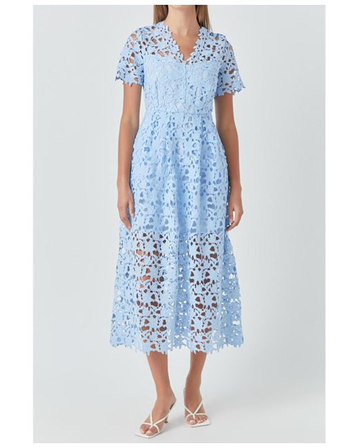 Endless Rose Blue All Over Lace Short Sleeves Midi Dress