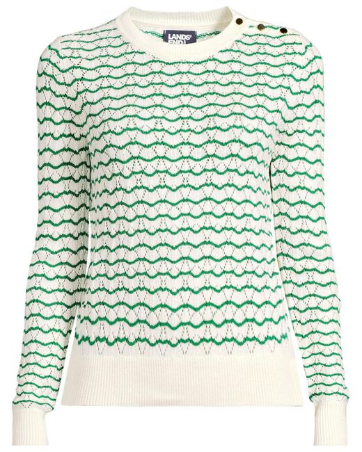 Lands' End Green Cotton Viscose Button Shoulder Modern Crew Sweater