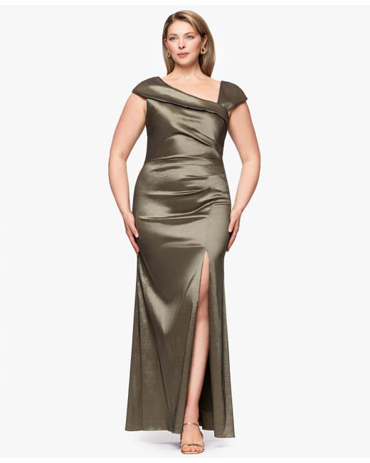 Xscape Metallic Plus Size Asymmetrical-neckline Long Sheath Dress