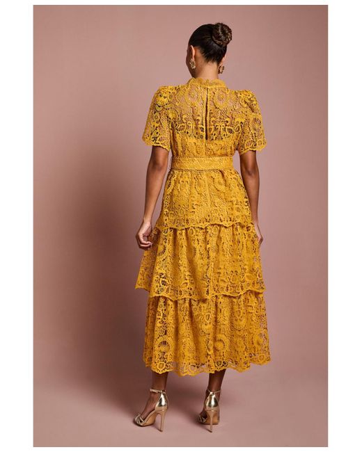 Coast Tiered Lace Midi Dress in Yellow | Lyst