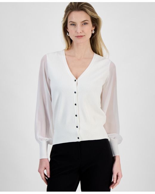 Tahari White Contrast-sleeve Button-front Cardigan