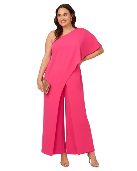 Adrianna Papell Pink Plus Size One Shoulder Draped Wide Leg Jumpsuit