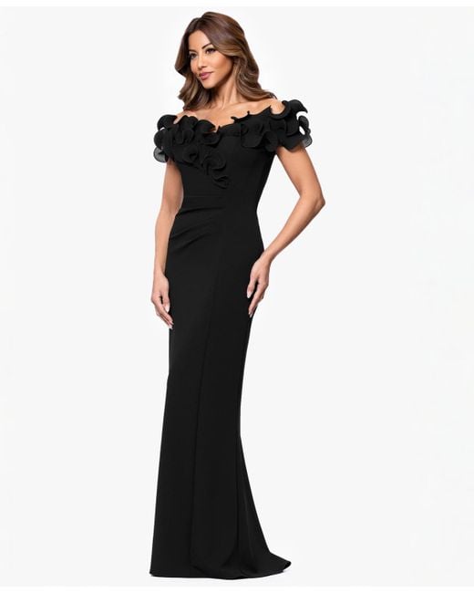 Xscape Blue Ruffled-off-the-shoulder Crepe Gown
