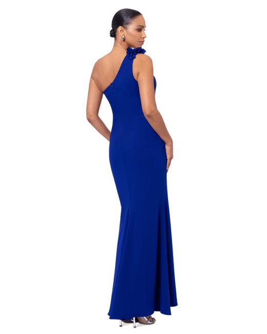 Xscape Blue Embellished One-shoulder Scuba Gown