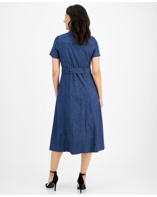 Anne Klein Blue Stretch Denim Belted Midi Shirt Dress