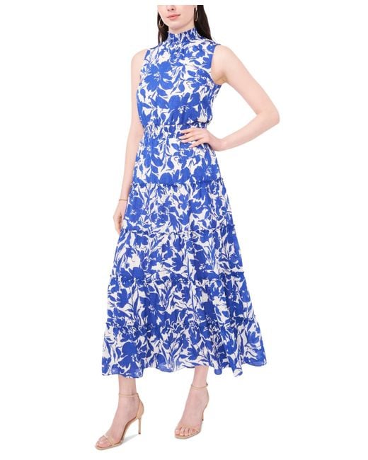 Msk Blue Floral-print Tiered Maxi Dress