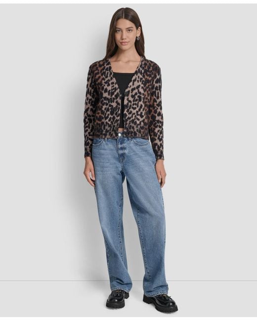 DKNY Black Long Sleeves Leopard Print Cardigan Sweater